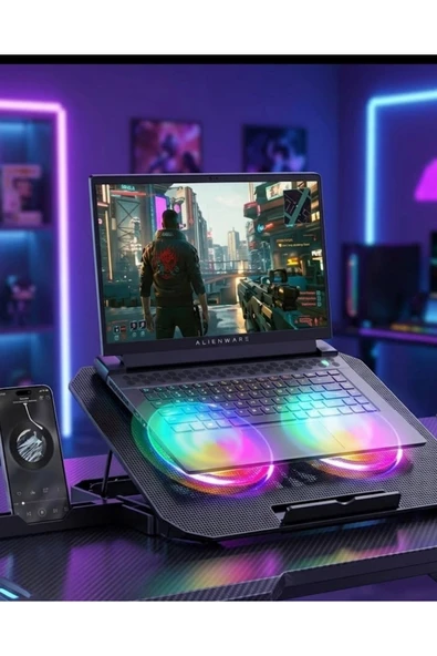 RGB Işıklı Laptop Soğutucu Stand Çift Fanlı Sessiz Çalışan Ayarlanabilir ürün görseli 1