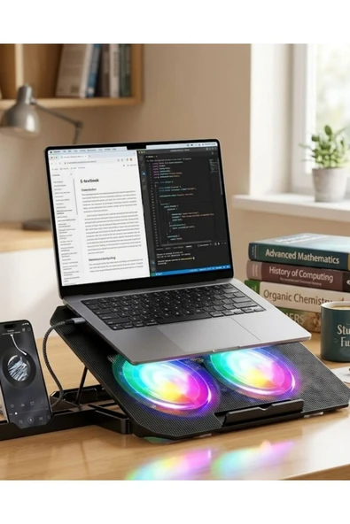 Notebook Soğutucu Stand RGB Aydınlatmalı İki Fanlı Laptop Altlığı ürün görseli 1