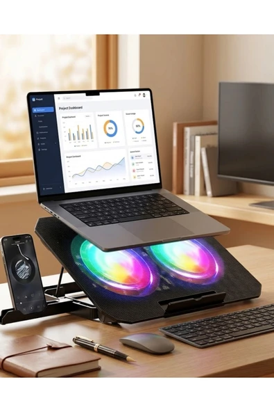 Çift Fanlı Laptop Soğutucu RGB Işıklı Sessiz Notebook Standı ürün görseli 1