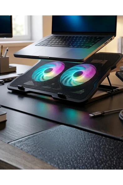 Ayarlanabilir Laptop Soğutucu Çift Fan RGB Işıklı Sessiz Çalışan ürün görseli 1