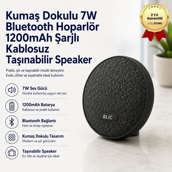 Kumaş Dokulu 7W Bluetooth Hoparlör 1200mAh Şarjlı Kablosuz Taşınabilir Speaker ürün görseli 1