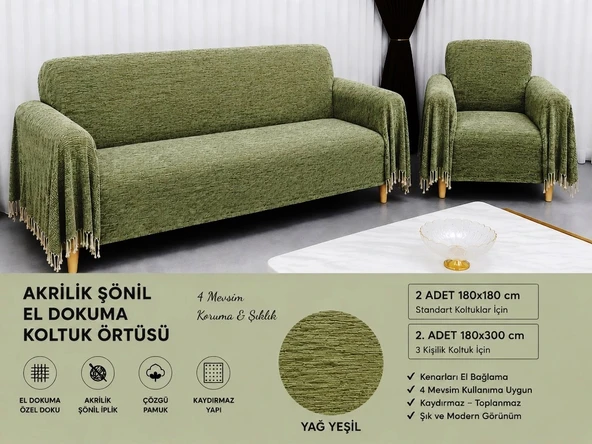 Mandaş Şönil Dokuma Koltuk Örtüsü Maxi Takım 3+3+1+1 açık yağ yeşil ürün görseli 1