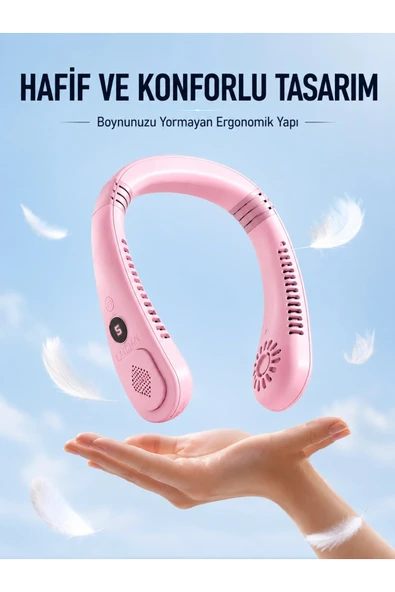Pembe Boyun Tipi Fan USB Şarjlı Hafif Tasarım Güçlü Hava Üflemeli Serinletici ürün görseli 1