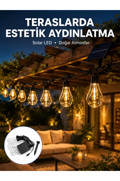 Güneş Enerjili LED Ampul Zincir Işık Sıcak Beyaz Dekoratif Bahçe Aydınlatması ürün görseli 1