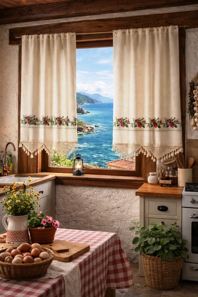 Mandaş Buldan Otantik Naturel Nakışlı Buldan Perde Rustikli 2 Parça 120*140 ürün görseli 1