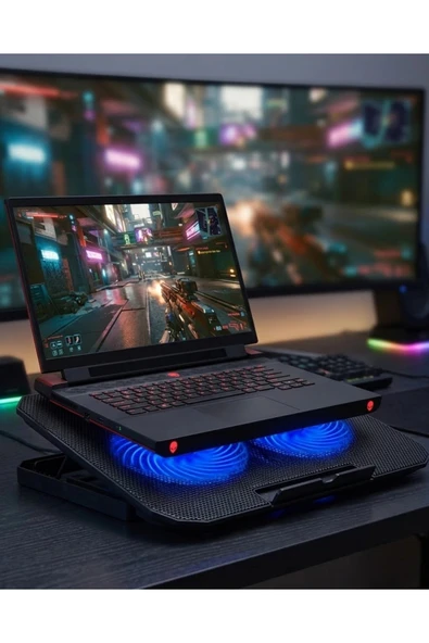 Laptop Soğutucu Stand Çift Fanlı 17 İnç Uyumlu Ayarlanabilir Notebook Altlığı ürün görseli 1