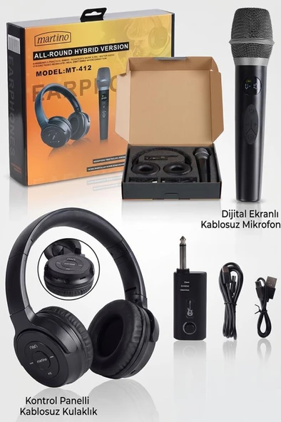 Martino MT-412 Kablosuz Mikrofon Referans Kulaklık Karaoke ve Pratik Seti Distortion TWS Özellikli ürün görseli 1