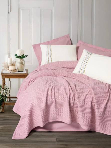 Cottonbox Aura -Pebble Pembe- Lastikli Çarşaflı Tek Kişilik Pike Takımı ürün görseli 1