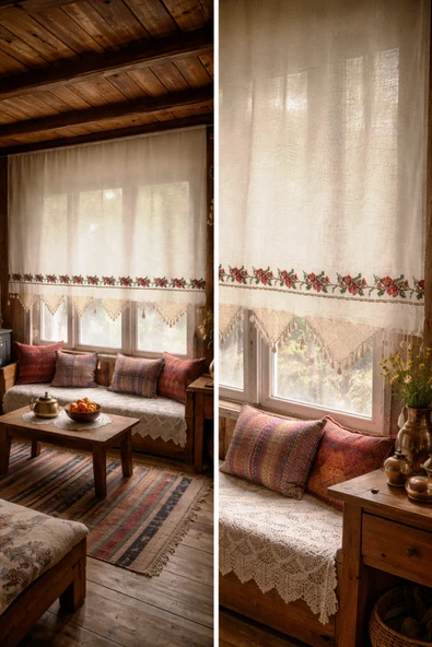 Mandaş El İşi Dantelli Kanaviçe Buldan Perdesi Tek kanat (250*170) ürün görseli 1