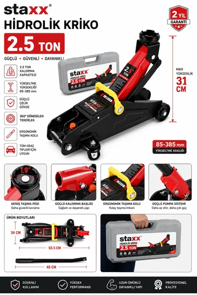 Staxx 2.5 Ton Hidrolik Kriko Arabalı Oto Servis Garaj Krikosu 8-31cm Taşıma Çantalı Çelik Gövde ürün görseli 1