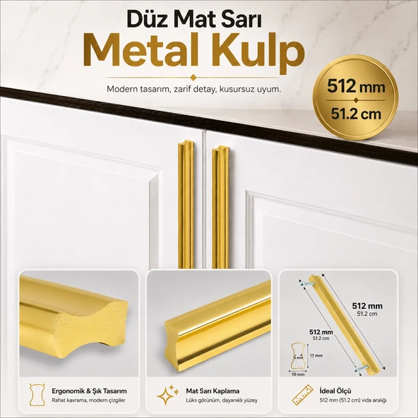 Özen 512 mm 51.2 mm Düz Mat Sarı Mobilya Kulp Uzun Çekmece Dolap Kapak Kulpu Modern Metal Tasarım ürün görseli 1