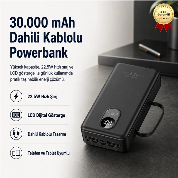 30.000mAH  22.5W 3A Hızlı Şarjlı Dahili Kablolu LCD Göstergeli Hızlı PowerBank ürün görseli 1