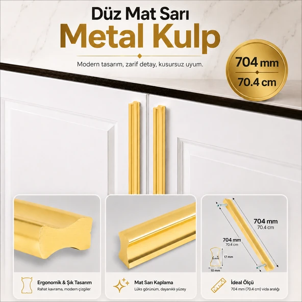 Özen 704 mm 70.4 mm Düz Mat Sarı Mobilya Kulp Uzun Çekmece Dolap Kapak Kulpu Modern Metal Tasarım ürün görseli 1