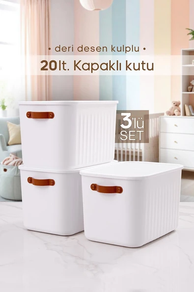 3 Adet Kulplu Beyaz Dolap Düzenleyici 20 Lt Kapaklı Saklama Kutusu Sepet Oyuncak Kutusu Organizer ürün görseli 1