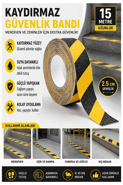 Merdiven Kaydırmaz Bant Sarı Siyah 25mm 1 Adet Mas Güvenlik Uyarı Bandı 15 Metre 2.5 cm Yapışkanlı Basamak Mermer Beton ürün görseli 1
