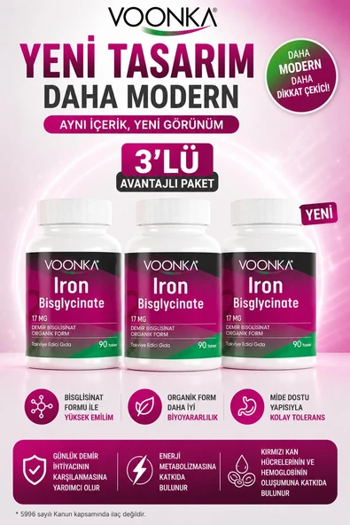 Voonka Iron Bisglycinate 90 Tablet 3 Adet ürün görseli 1