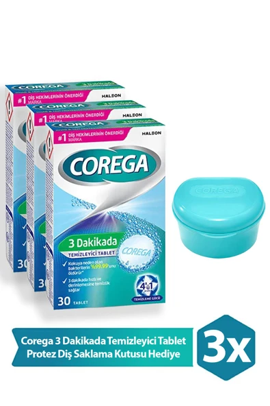 Corega 3 Dakikada Temizleyici 30 Tablet 3 Adet + Corega Protez Diş Saklama Kutusu ürün görseli 1