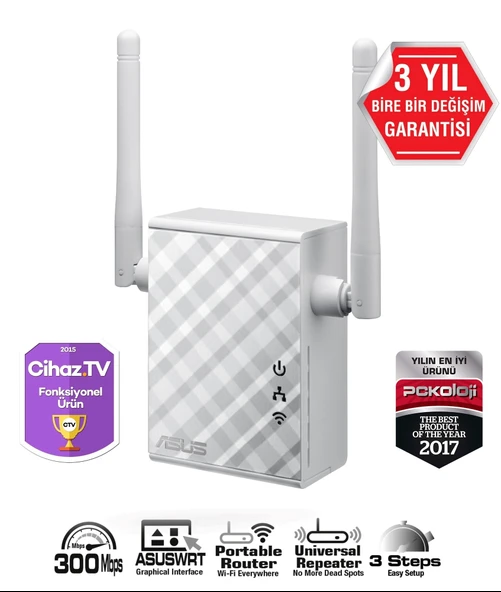 ASUS RP-N12 N300 2.4 GHZ MESAFE GENİŞLETİCİ EV OFİS TİPİ 2X 2DBI SABİT ANTEN ürün görseli 1