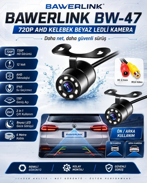 Bawerlink BW-47 720P AHD Kelebek Araç Geri Görüş Kamerası Beyaz LEDli IP68 Su Geçirmez 170° Geniş Açı ürün görseli 1