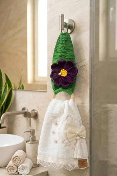 El Örgüsü Figürlü Mutfak ve Banyo Havlu Askısı - Ahşap Bambu Dekoratif Havluluk ürün görseli 1