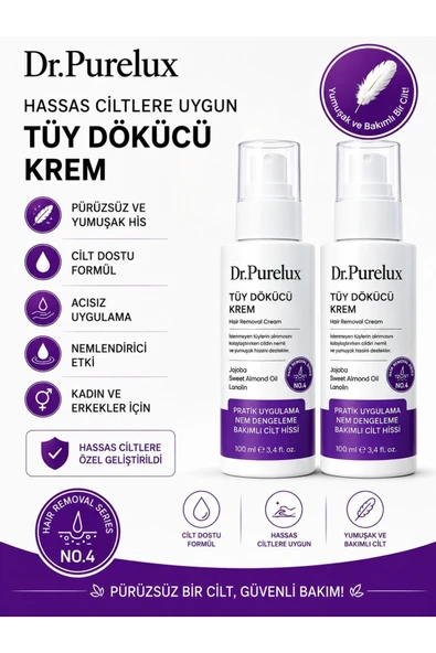 Dr.Purelux Tüy Dökücü Krem – Hassas Ciltlere Uygun Yumuşak ve Konforlu Tüy Bakımı – Shea Butter&Hyaluronik Asit 2 X 100 ml ürün görseli 1