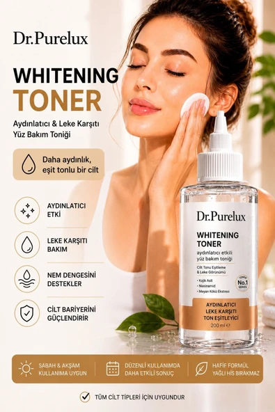 Dr.Purelux Leke Karşıtı - Ton Eşitleme Whitening Toner 200 ML | Kojik Asit, Niasinamid ve Meyan Kökü İçeren Aydınlatıcı Yüz Tonik ürün görseli 1