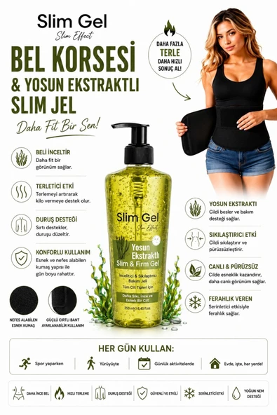 SLİM GEL Yosun Özlü Jel 250 ml ve Termal Bel Korsesi 2'li Set Bel Bölgesi Toparlayıcı ve Sıkılaştırıcı Bakım Desteği. ürün görseli 1
