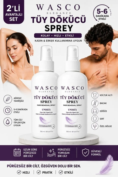 Wasco Elegance Unisex Tüy Dökücü Sprey 250 ml x 2 Adet – Kadın & Erkek Tüm Vücut Kullanımına Uygun ürün görseli 1