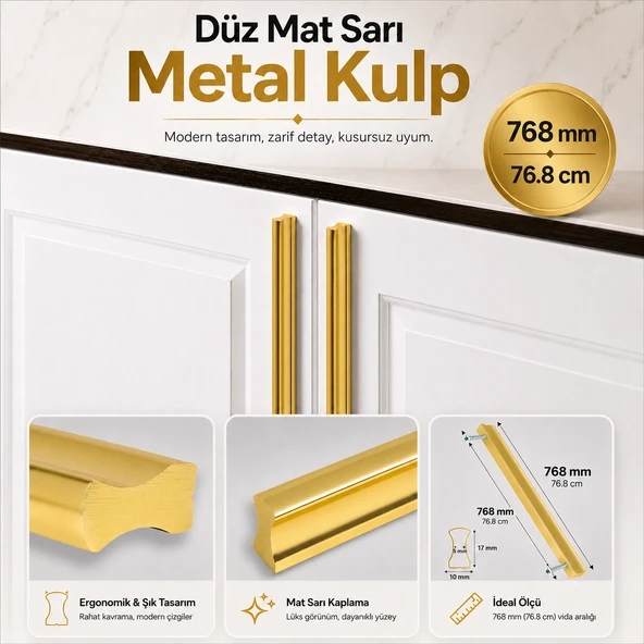 Özen 768 mm 76.8 cm Düz Mat Sarı Mobilya Kulp Uzun Çekmece Dolap Kapak Kulpu Modern Metal Tasarım ürün görseli 1