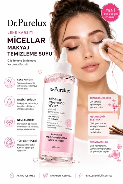 Dr.Purelux Leke Karşıtı ve Ton Eşitleyici Micellar Cleansing 200 ml | Traneksamik Asit,Niasinamid ve Meyan Kökü Makyaj Temizleme Suyu ürün görseli 1