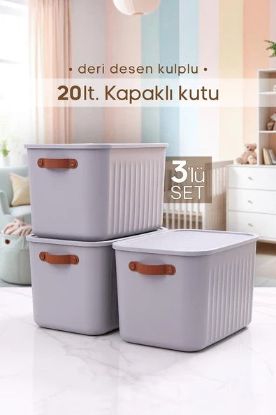3 Adet Kulplu Gri Dolap Düzenleyici 20 Lt Kapaklı Saklama Kutusu Sepet Oyuncak Kutusu Organizer ürün görseli 1