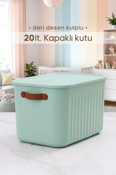 Kulplu Mint Yeşili Dolap Düzenleyici 20 Lt Kapaklı Saklama Kutusu Sepet Oyuncak Kutusu Organizer ürün görseli 1