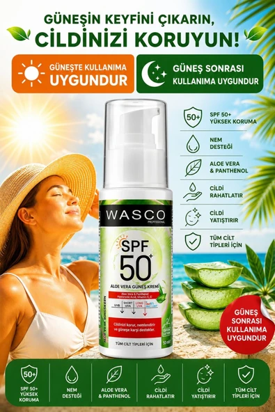 wasco Aloe Vera Özlü Yüksek Koruyuculu 50 Spf+ Yatıştırıcı, Nemlendirici Güneş Kremi Aloe Veralı 50ml ürün görseli 1