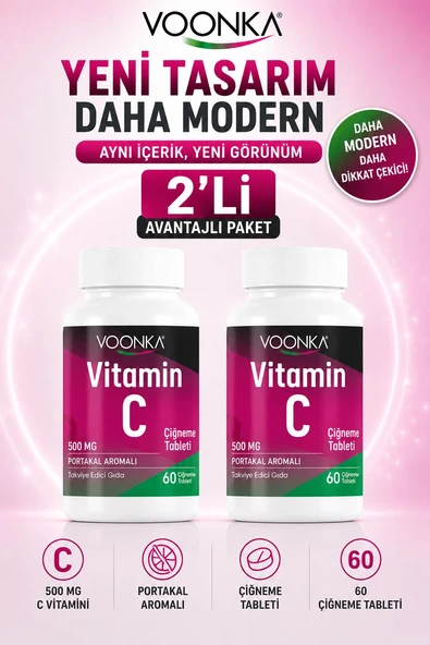 Voonka Vitamin C Çiğneme Tableti Vitamin C İçeren Portakal Aromalı 60 Tablet 2 Adet ürün görseli 1