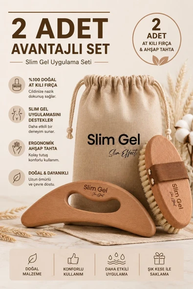 SLİM GEL %100 Doğal At Kılı Fırçası (Kese Hediye ) ve Ahşap Selülit Masaj Aleti 2' li Bakım Seti ürün görseli 1