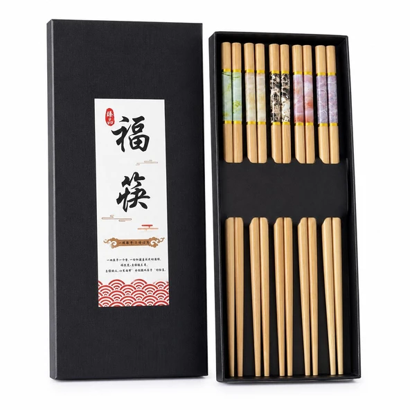 Valkyrie 5 Çift 24cm Bambu Desenli Yemek Çubuğu Seti Hediyelik Kutulu Japon Sushi Chopstick ürün görseli 1
