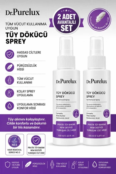 Dr.Purelux Hassas Ciltlere Uygun Tüy Dökücü Sprey – Pürüzsüz ve Yumuşak Cilt – Tüm Vücut Kullanıma Uygun 2 X 100 ml ürün görseli 1