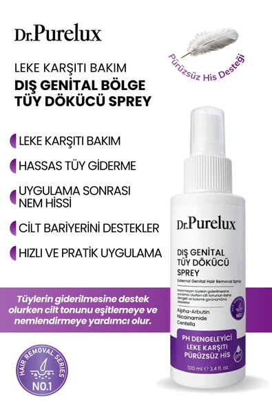 Dr.Purelux Leke Karşıtı Hassas Bölgelere Uygun Tüy Dökücü Sprey I Pürüzsüz & Cilt Tonu Eşitlemeye Yardımcı100ml ürün görseli 1
