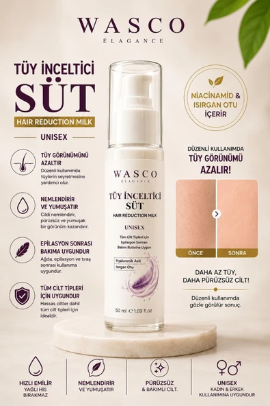 Wasco Elegance Tüy Süt 50 ml - Epilasyon Sonrası Bakım Kremi Hyaluronik Asit Isırgan Otu Unisex Tüm Cilt Tipleri ürün görseli 1