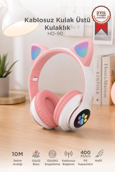 Bluetooth Kulaklık Kulak Üstü Kedi Tasarımlı Kablosuz Kulaklık HD90 Pembe ürün görseli 1