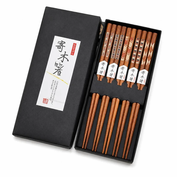 Valkyrie 5 Çift Ahşap 22,5cm Yemek Çubuğu Seti Hediyelik Kutulu Japon Çin Kore Sushi Chopstick ürün görseli 1