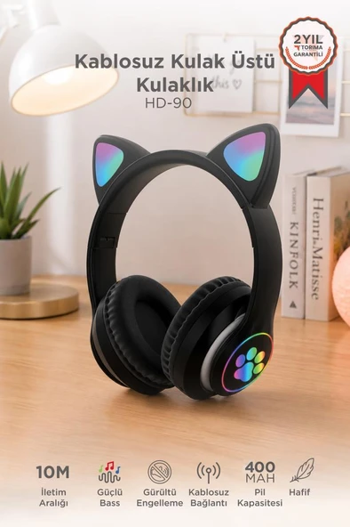 Bluetooth Kulaklık Kulak Üstü Kedi Tasarımlı Kablosuz Kulaklık HD90 Siyah ürün görseli 1