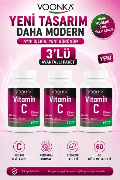 Voonka Vitamin C Çiğneme Tableti Vitamin C İçeren Portakal Aromalı 60 Tablet 3 Adet ürün görseli 1