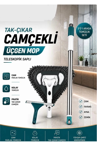Tak Çıkar LÜX Camçekli Üçgen Mop – Cam, Fayans, Duvar ve Zeminler İçin Mikrofiber Temizlik Seti SÜPE ürün görseli 1