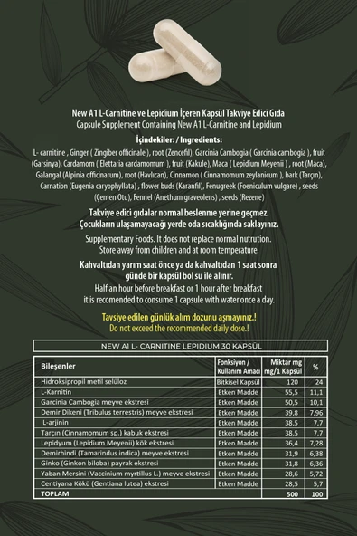 HHS A1 L-Carnitine Lepidium 30 Kapsül - Resim 5
