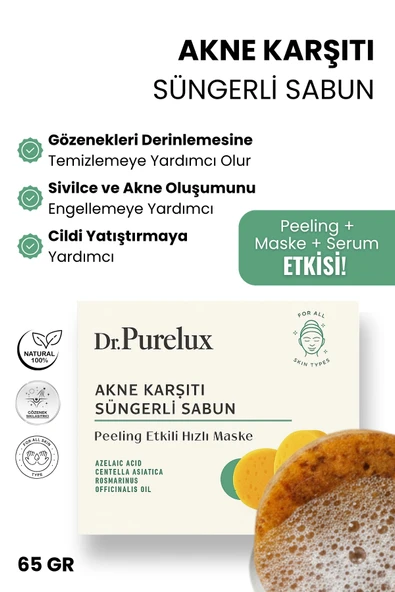 Dr.Purelux Akne ve Siyah Nokta Karşıtı Peeling Etkili Süngerli Sabun (Hızlı Maske) ürün görseli 1