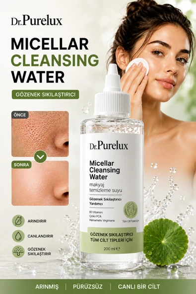 Dr.Purelux Micellar Cleansing Water Gözenek Sıkılaştırıcı Temizleme Suyu 200 ml | B3 Vitamini ve Zinc PCA İçeren Makyaj Temizleme Suyu ürün görseli 1