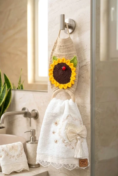 El Örgüsü Figürlü Mutfak ve Banyo Havlu Askısı - Ahşap Bambu Dekoratif Havluluk ürün görseli 1