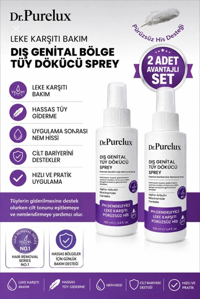 Dr.Purelux Leke Karşıtı Hassas Bölgelere Uygun Tüy Dökücü Sprey I Cilt Tonu Eşitlemeye Yardımcı 2X100ml Set ürün görseli 1