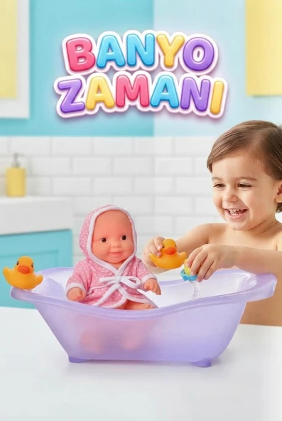 Bebek Banyo Zamanı Oyun Seti – 22 CM Kafası ve Kolları Et Küvetli Oyuncak Bebek ürün görseli 1
